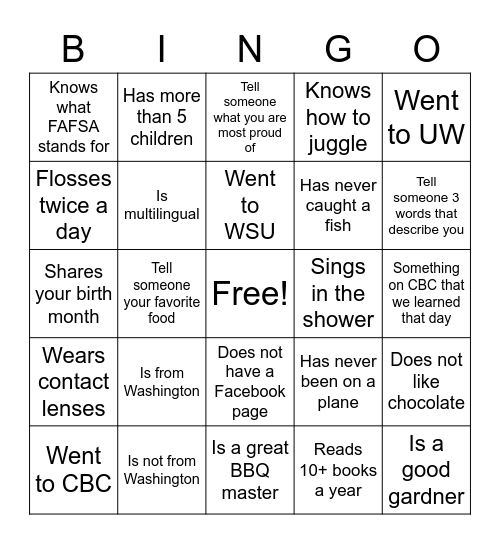 Human Bingo! Find somebody who... Bingo Card