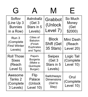 Chromebook Game Bingo 3.2.22 Bingo Card