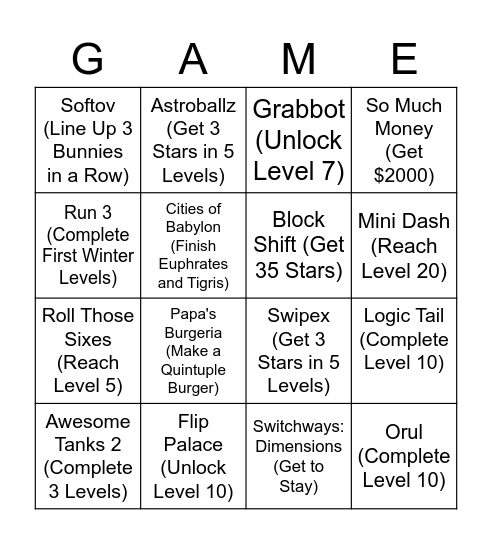 Chromebook Game Bingo 3.2.22 Bingo Card