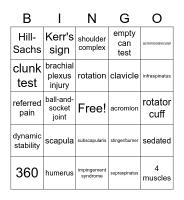 The Shoulder Bingo Card