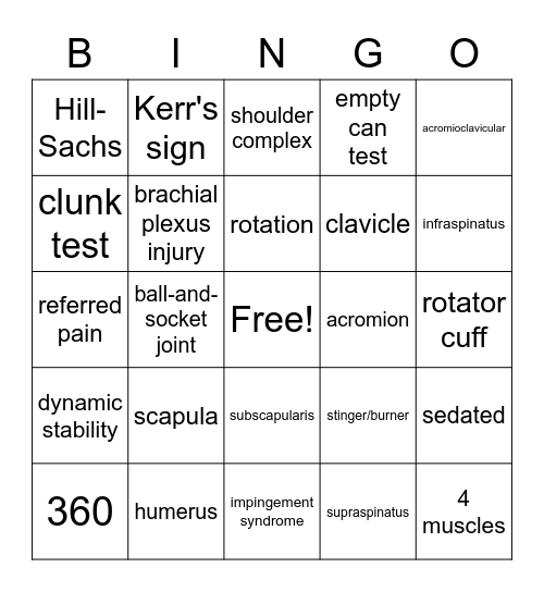 The Shoulder Bingo Card