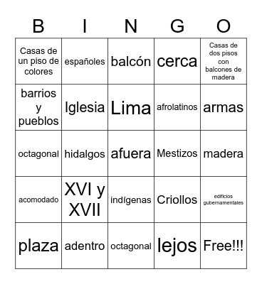 Colonización Virreinato de Perú Bingo Card