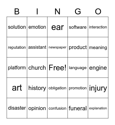 Noun bingo Card