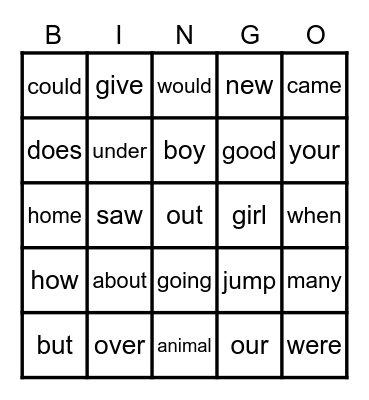 2 G Power words Bingo Card