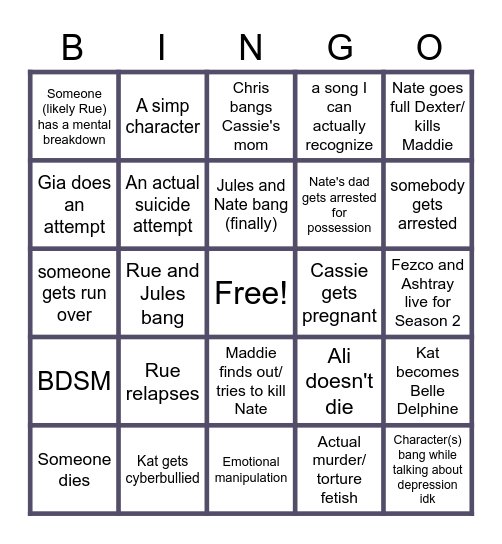 Euphoria Predictions Season 1 Bingo Card