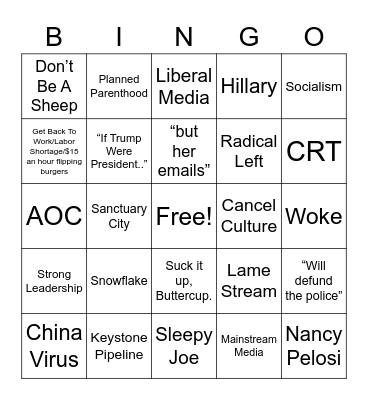 Conservative Blather Bingo Card