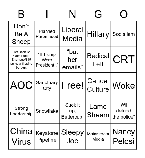 Conservative Blather Bingo Card