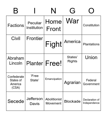 American Civil War Bingo Card