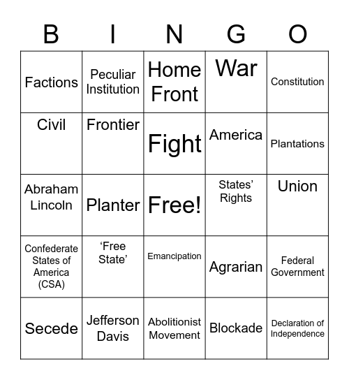 American Civil War Bingo Card