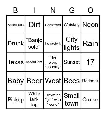Country Western Rubbish Bingo Card