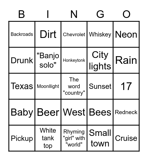 Country Western Rubbish Bingo Card