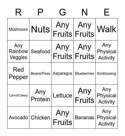 Nutrition Bingo Card