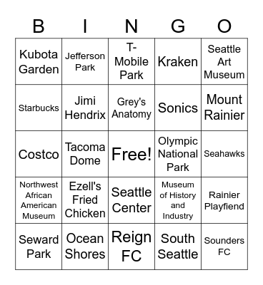 Washington Bingo Card