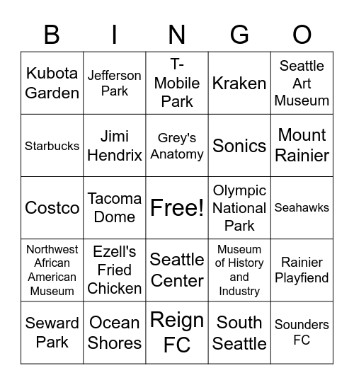 Washington Bingo Card