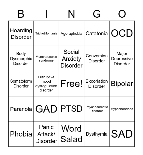 Wheel of Psychopathology Bingo Card