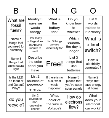 Energy Bingo Card