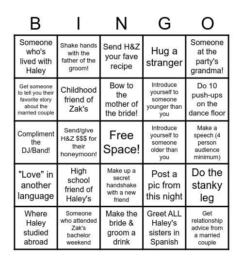 Haley & Zak Wedding Bingo Card