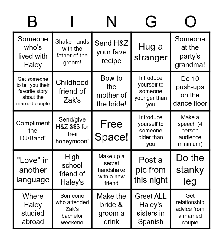 Haley & Zak Wedding Bingo Card