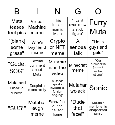 Mutahar Reddit Video Bingo Card