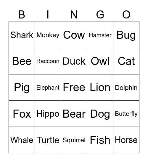 ASL Animals Bingo Card