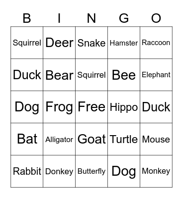 ASL Animals Bingo Card