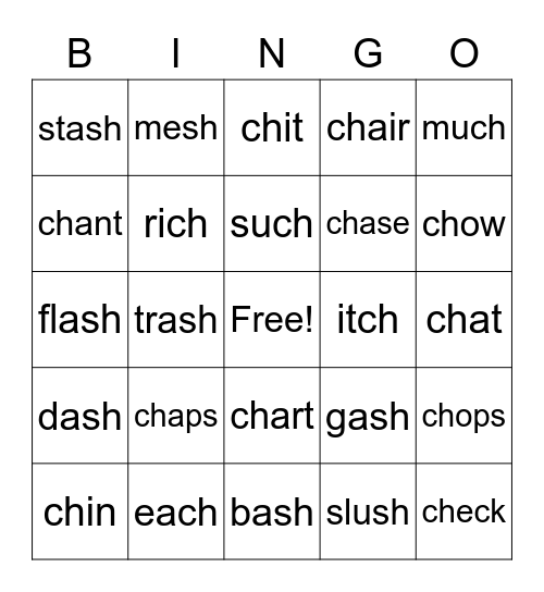 -ch and -sh Words Bingo Card