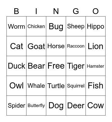 ASL Animals Bingo Card