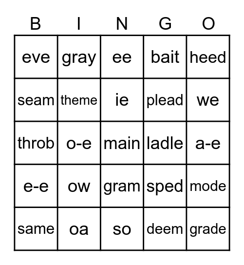 Short/Long Vowel a e o Bingo Card