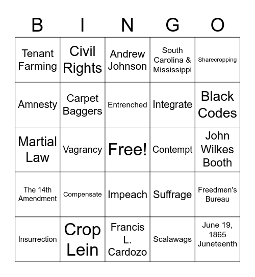 Reconstruction Bingo Card