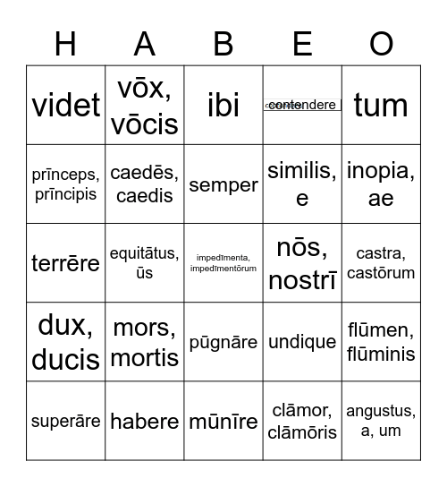 Challenge A - Henle Latin Vocabulary Bingo Card