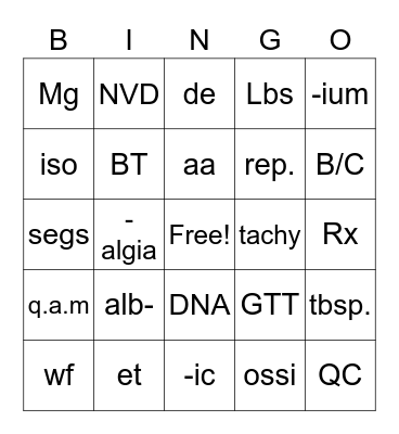 medical terminology/Abbreviations/PCT Bingo Card