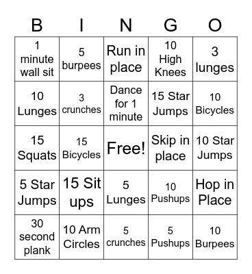 Fitness Bingo Card