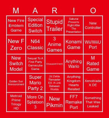 Next Nintendo Direct Bingo Card