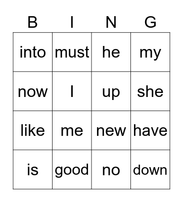 Sight Words Bingo Card