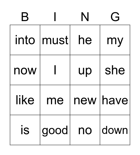 Sight Words Bingo Card