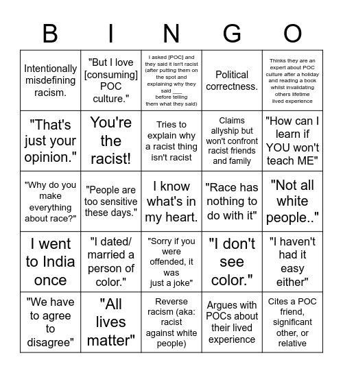Avoid being called racist bingo Card