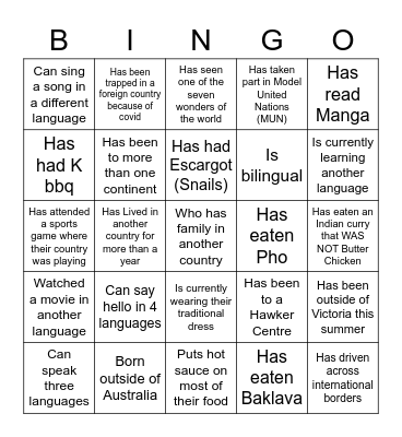 Cultural Night Bingo Card