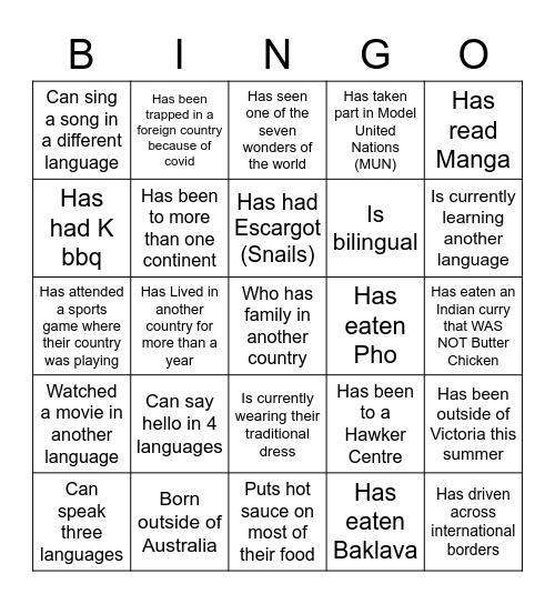 Cultural Night Bingo Card