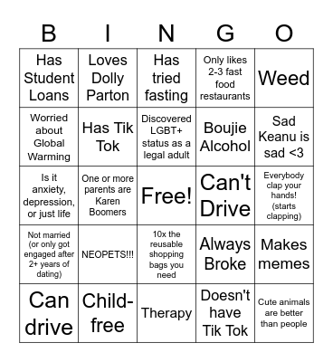 Millennial Bingo Card
