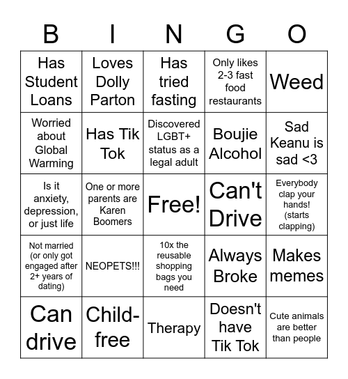 Millennial Bingo Card