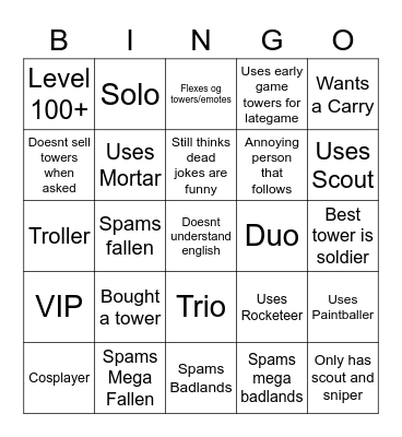 Bingo defense simulator Bingo Card