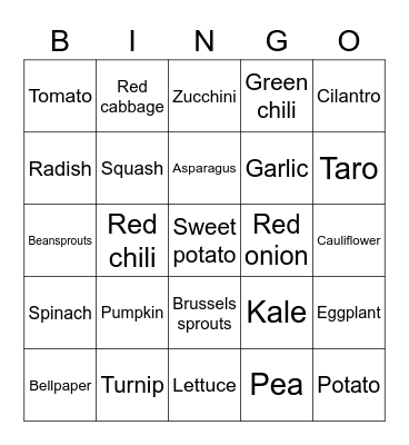 Veggies Card Bingo Card
