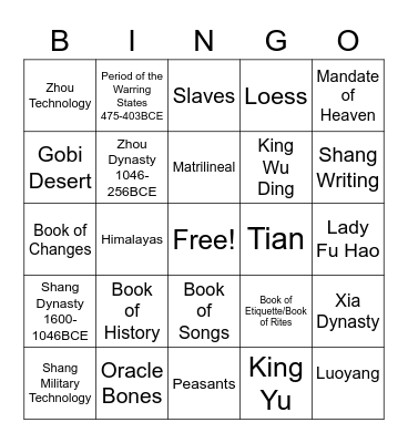 Ancient China Bingo Card