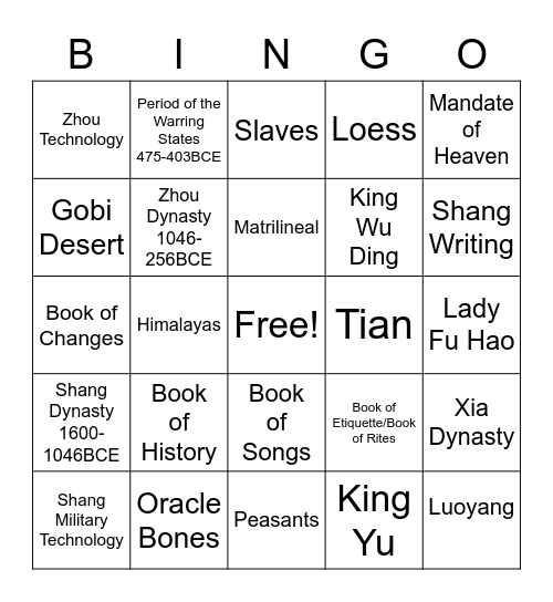 Ancient China Bingo Card