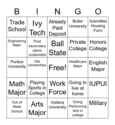 Post Secondary Plans Bingo Card