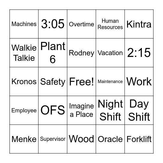 OFS Plant 6 Bingo Card