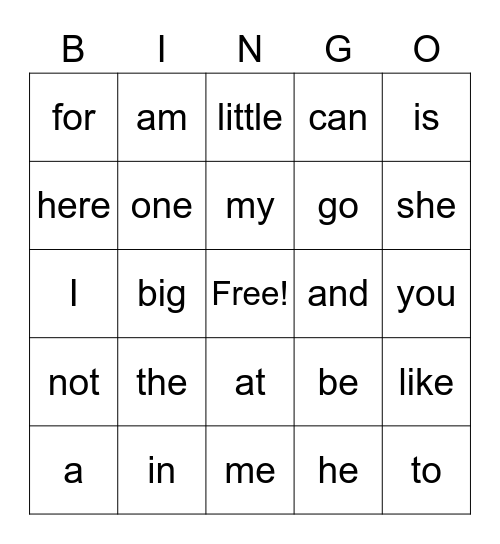 Sight Words Bingo Card