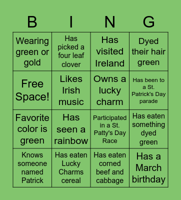 St. Patrick's Day Bingo Card