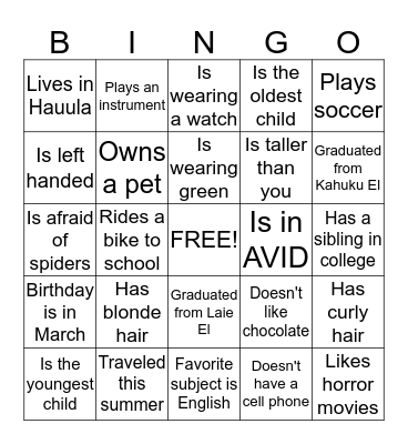 Getting To Know You Bingo Card