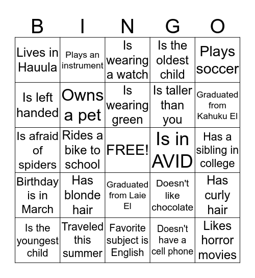 Getting To Know You Bingo Card